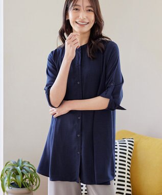 Tiaclasse L 【新色追加】バンドカラーシャツチュニックブラウス ネイビー
