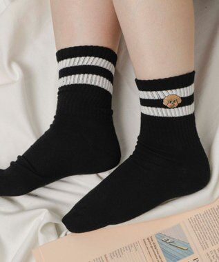 WEGO ラインモコイヌ刺繍クルーソックス