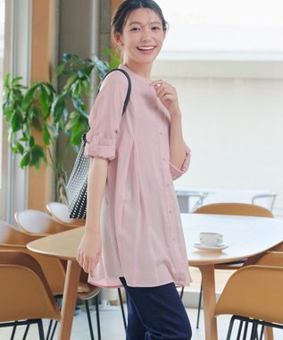 Tiaclasse L 【新色追加】バンドカラーシャツチュニックブラウス ピンク
