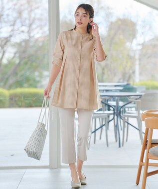 Tiaclasse L 【新色追加】バンドカラーシャツチュニックブラウス ベージュストライプ