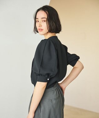 #Newans 【洗濯機可能/シワになりにくい】〈肩幅・二の腕が華奢見えする〉パフスリーブバイカラーブラウス ブラック