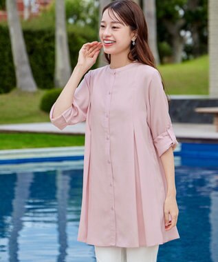 Tiaclasse L 【新色追加】バンドカラーシャツチュニックブラウス ピンク