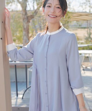 Tiaclasse L 【新色追加】バンドカラーシャツチュニックブラウス サックスオフホワイト