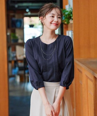 Tiaclasse 【洗える】ピンタックレースカットソーTブラウス ネイビー