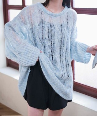 WEGO ケーブルメッシュメランジニット サックス