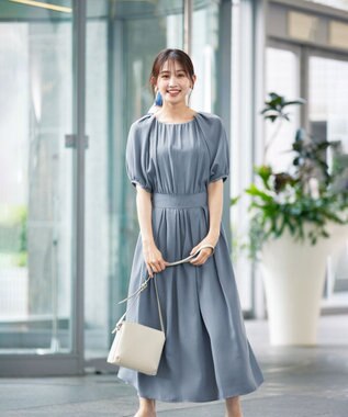 Tiaclasse L 【洗える】麻調ギャザーワンピース ブルー