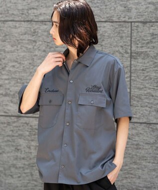 WEGO 【ユニセックス着用ITEM】刺繍ロゴツイルワークシャツ ブラック中濃色