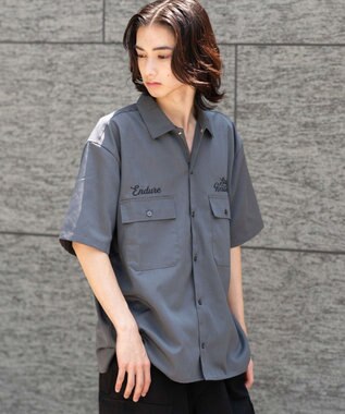 WEGO 【ユニセックス着用ITEM】刺繍ロゴツイルワークシャツ ブラック中濃色