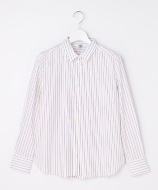 J.PRESS LADIES BEZコットンナイロン ストライプ シャツカラー ブラウス ホワイト×ピンク×ネイビー系