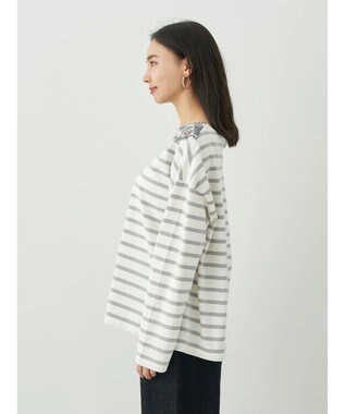 earth music&ecology レースプリントボーダープルオーバー Border Gray