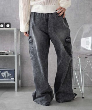 WEGO 【XS～Mサイズ展開/ウエストゴム 】デニムイージーパラシュートカーゴパンツ デニムブラックソノタ