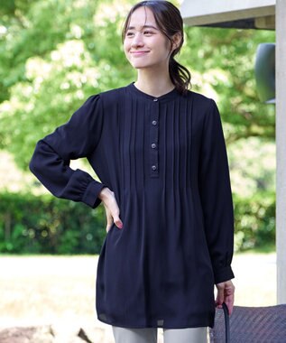 Tiaclasse 【スマート裏起毛・新色追加】 ピンタックシャツチュニック ネイビー