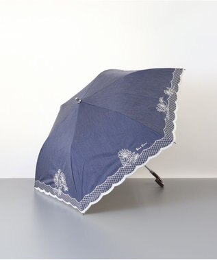 AURORA NINA RICCI （ニナリッチ） マーガレット刺繍晴雨兼用パラソル（折り畳み・トップフラット） ネイビー