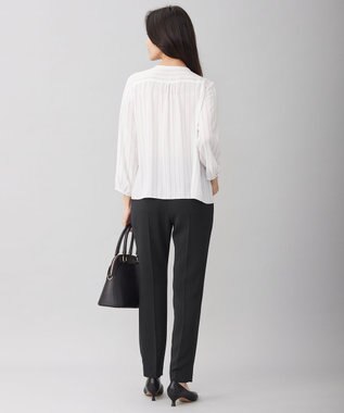 自由区 【洗える】バックサテンアムンゼンストライプ ブラウス オフ×クラウドグレーストライプ