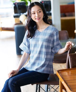 Tiaclasse L 【洗える】ゆったりシルエットの幅広カフスブラウス ブルーチェック