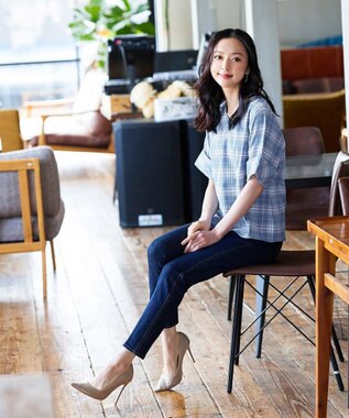 Tiaclasse L 【洗える】ゆったりシルエットの幅広カフスブラウス ブルーチェック