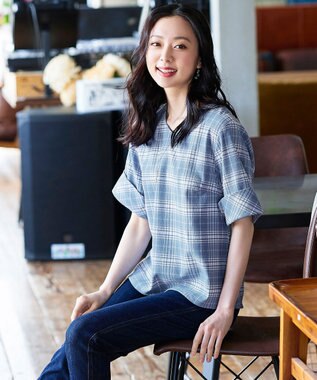 Tiaclasse L 【洗える】ゆったりシルエットの幅広カフスブラウス ブルーチェック