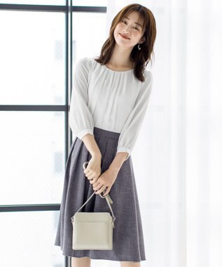 Tiaclasse 【洗える】ブラウスドッキングツイードワンピース オフホワイト×グレー