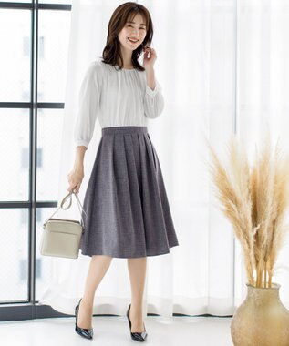 Tiaclasse 【洗える】ブラウスドッキングツイードワンピース オフホワイト×グレー