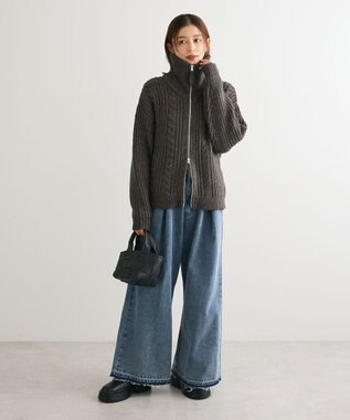 Green Parks 衿付きケーブルｚｉｐカーディガン Dark Gray Mixture