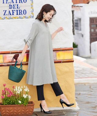 Tiaclasse 【洗える】 麻調Aラインシャツワンピース グレー