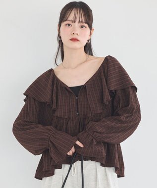 earth music&ecology 【予約】ラッフルカラーカットブラウス チェックブラウン