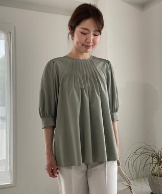 UNFILO イージーケア ピンタックブラウス カーキ