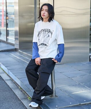 WEGO フェイクレイヤードグラフィックT（LS） ブルーボーダー