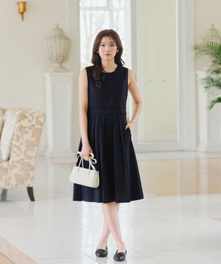 Tiaclasse 【洗える】配色スカラップレースワンピース ネイビー