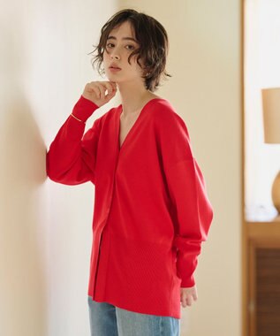 #Newans 【洗える】ファインボタンＶネックカーディガン レッド