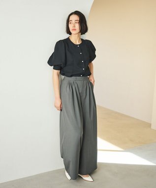 #Newans 【洗濯機可能/シワになりにくい】〈肩幅・二の腕が華奢見えする〉パフスリーブバイカラーブラウス ブラック