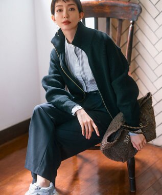 23区 L ナチュラルストレッチサキソニー タック ワイドパンツ ダークネイビー系