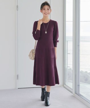 Tiaclasse L リブニットパフスリーブワンピース ワインレッド