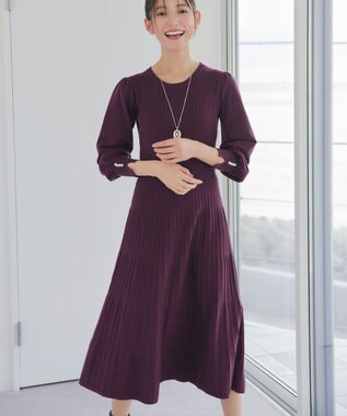 Tiaclasse L リブニットパフスリーブワンピース ワインレッド