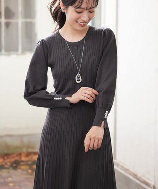 Tiaclasse L リブニットパフスリーブワンピース チャコールグレー