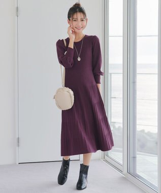 Tiaclasse L リブニットパフスリーブワンピース ワインレッド