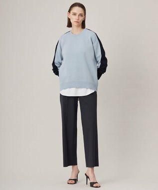 ICB 【WEB限定カラーあり・洗える】コットンポリエステルスムース  ニットプルオーバー サックスブルー×ネイビー系［前後配色］