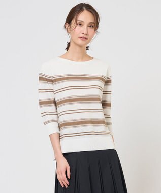 J.PRESS LADIES COTTON POLYESTER ボーダー ニット オフ×キャメル系