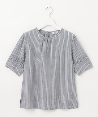 J.PRESS LADIES 【洗える】BEZ空羽ストライプ クルーネック ブラウス ネイビー系1