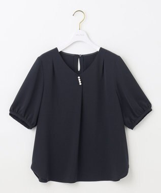 ANY SIS L 【洗える】パール調Ｖネック ブラウス ネイビー