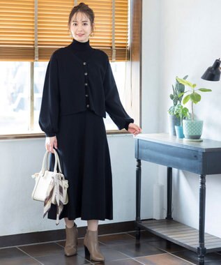 Tiaclasse 【洗える】大人上品なニットカーデ＋ワンピースセット ブラック