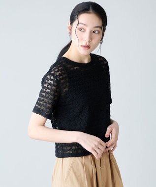 ANY L レースショート丈Tシャツ ブラックレース