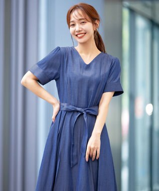 Tiaclasse デニムフレアワンピース ブルー