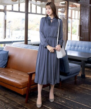 Tiaclasse L 【洗える】細リボンギャザーワンピース ブルー