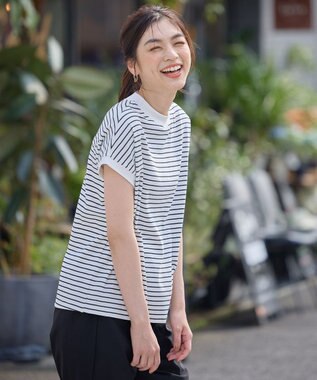 ANY L 【大好評につき新色登場！】モックネックフレンチスリーブ ボーダーＴシャツ ホワイト×ブラック