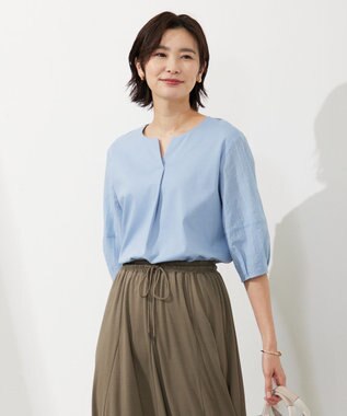 J.PRESS LADIES 【WEB限定カラーあり・接触冷感・UVケア】 スムースジャージー キーネック カットソー サックスブルー系