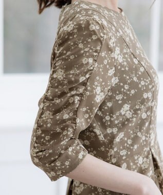 Tiaclasse L 【洗える】ギャザースリーブ花柄ワンピース モカ