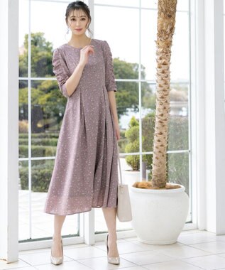 Tiaclasse L 【洗える】ギャザースリーブ花柄ワンピース ラベンダー