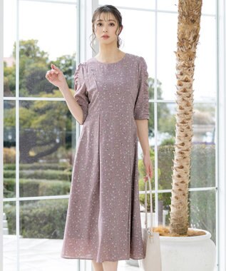 Tiaclasse L 【洗える】ギャザースリーブ花柄ワンピース ラベンダー