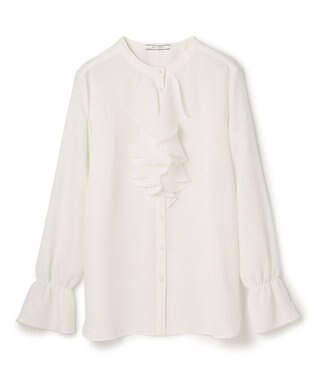 BEIGE， 【WEB限定・洗える】CLARION / バンドカラーフリルブラウス White